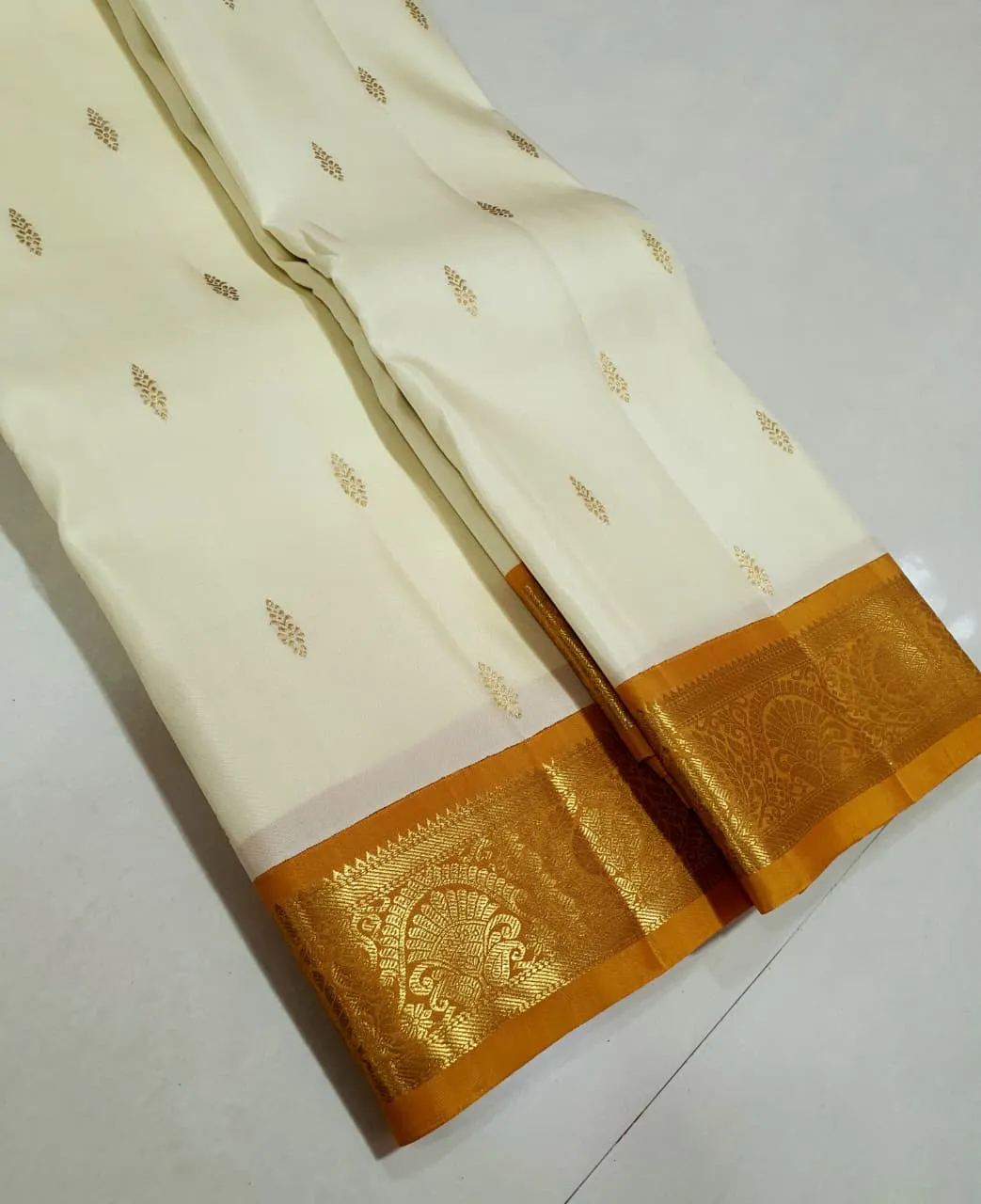 Ivory Mustard Gold Kanchipuram Silk Saree